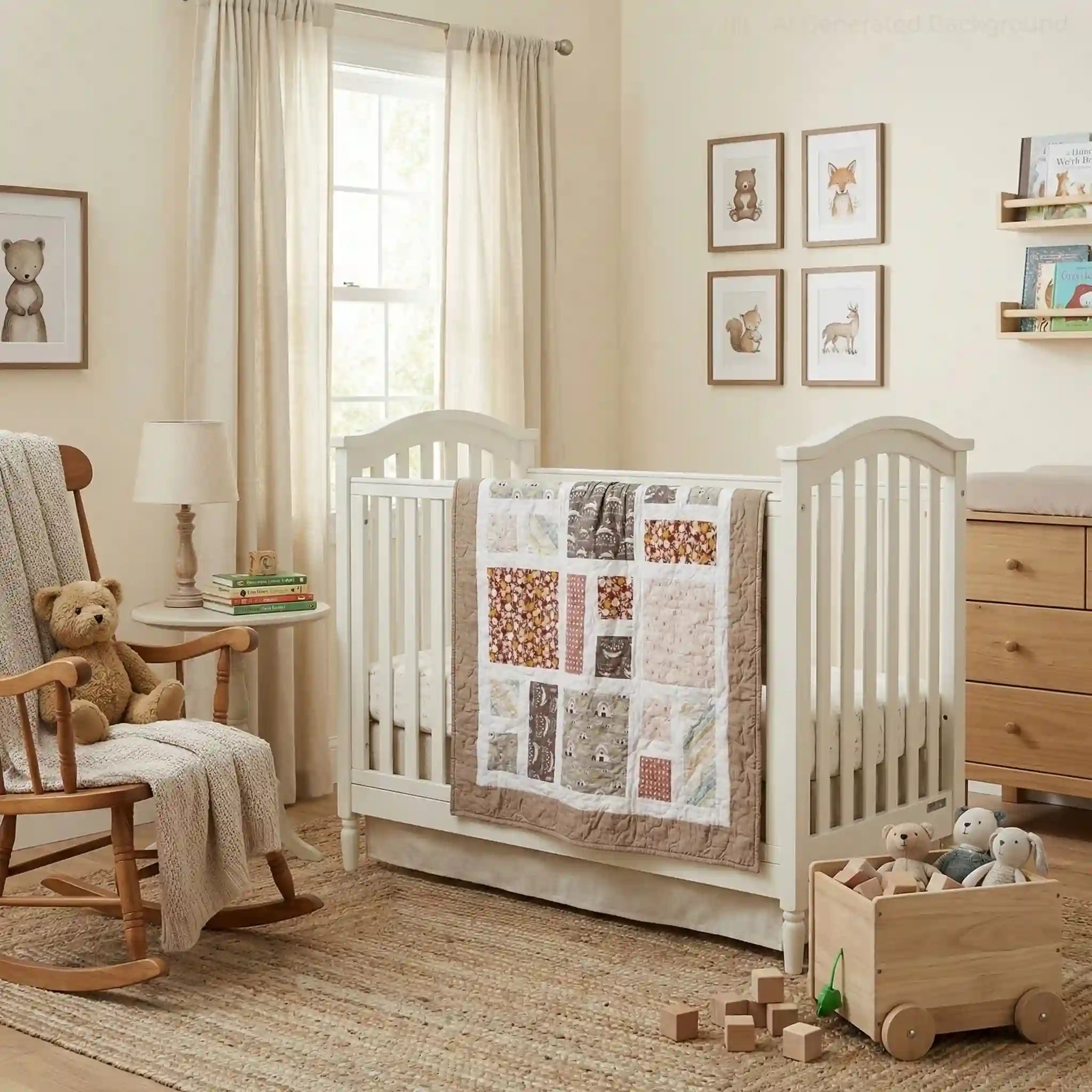 Handmade quilt shown in neutral nursery folded over crib side.