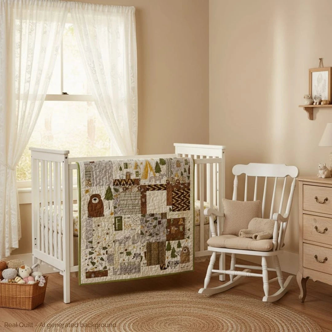 Handmade woodland patchwork baby quilt draped over a white crib in a soft neutral nursery.