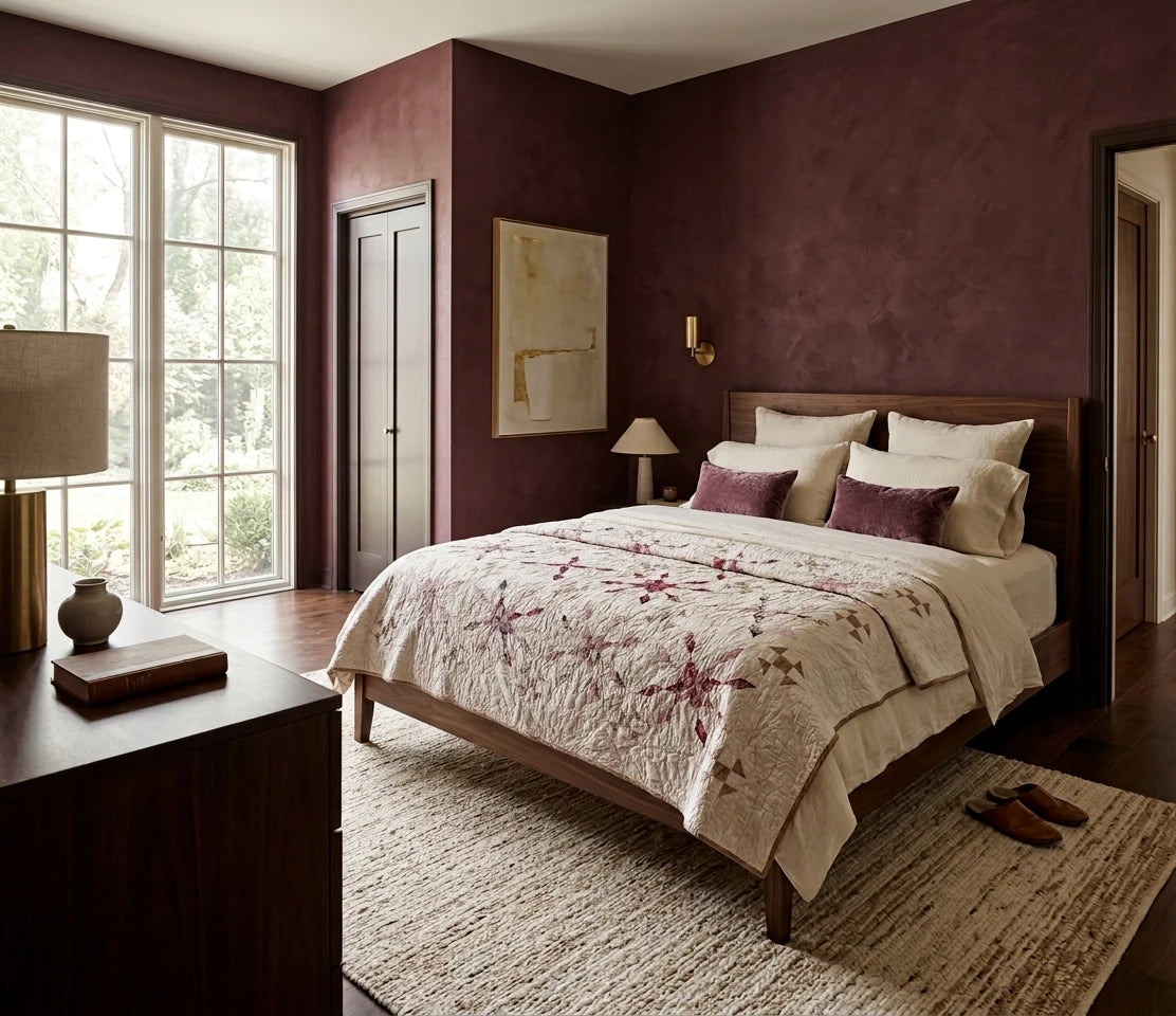 A styled bedroom interior with a bed dressed in Scarlet Correspondence Queen Quilt, set against textured dark burgundy walls. The room includes a dark wood nightstand with a lamp, a large window, and a textured beige rug.