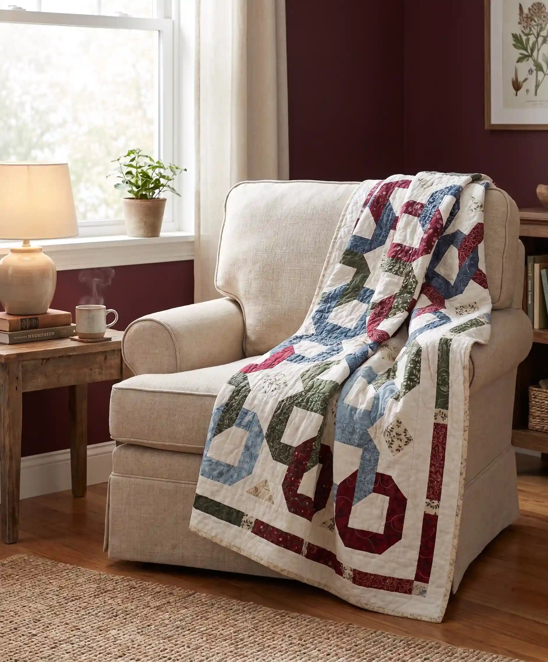 Winter Links Lap Quilt shown draped over an upholstered chair in a comfortable reading corner.