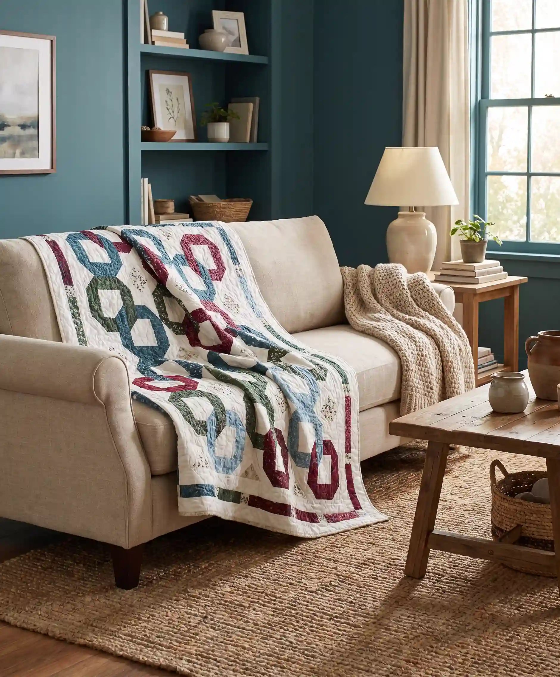 Winter Links Lap Quilt shown draped over the back of a sofa in a simply decorated living room.