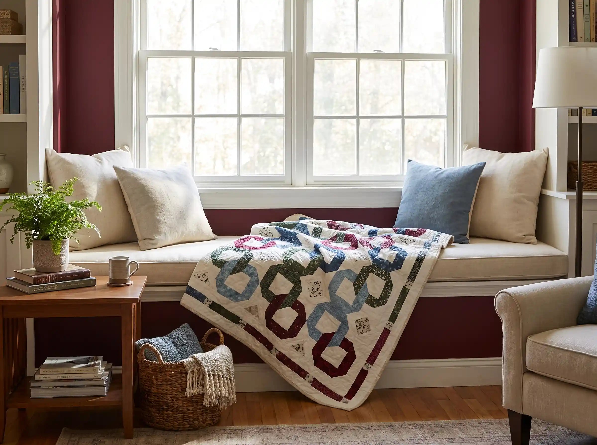 Winter Links Lap Quilt shown draped in a window seat.