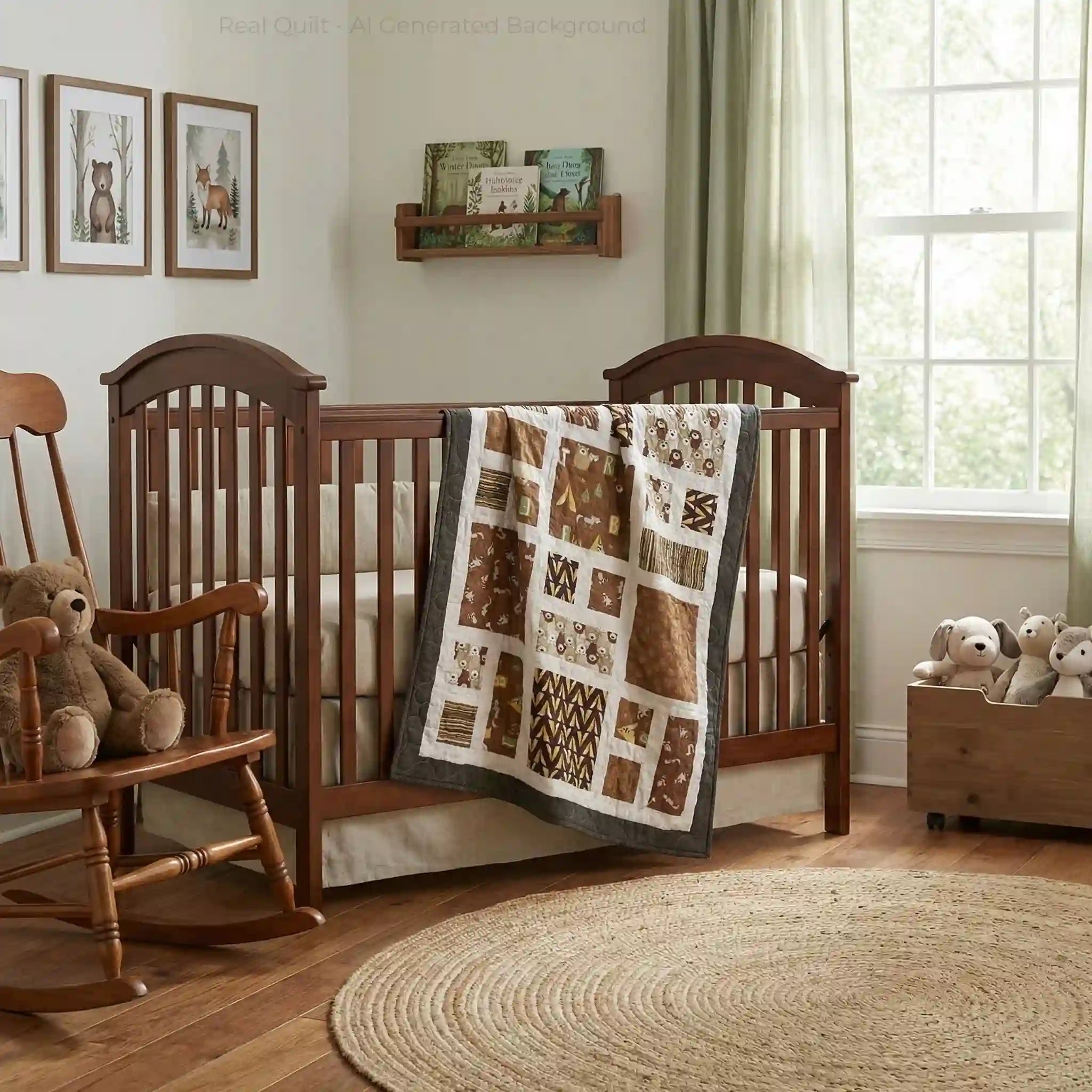 Handmade baby quilt shown draped over a dark wood crib in a neutral nursery