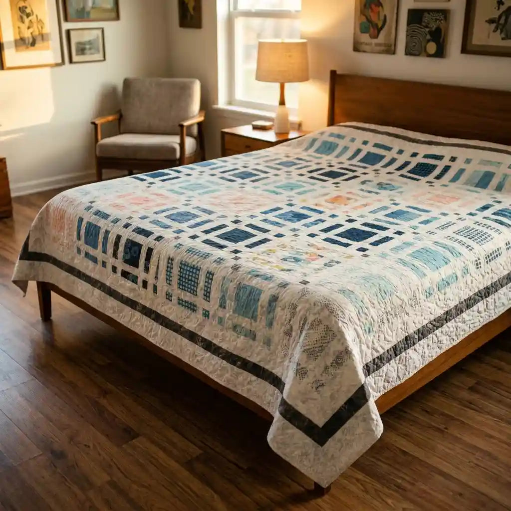 Woven Breeze queen quilt shown in a curated modern bedroom with wooden floors.