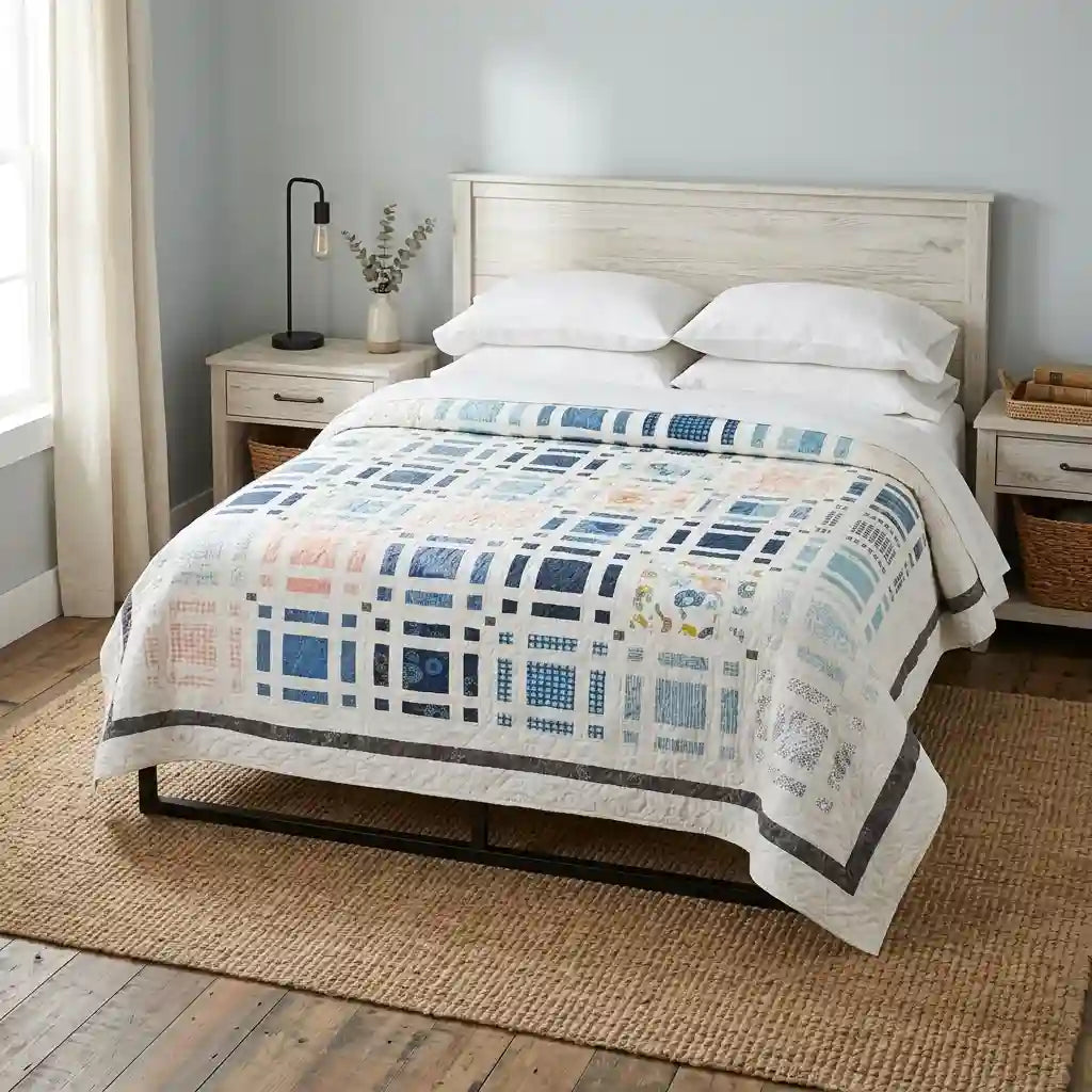 Woven Breeze queen quilt shown in a farmhouse-inspired bedroom with pale blue walls.