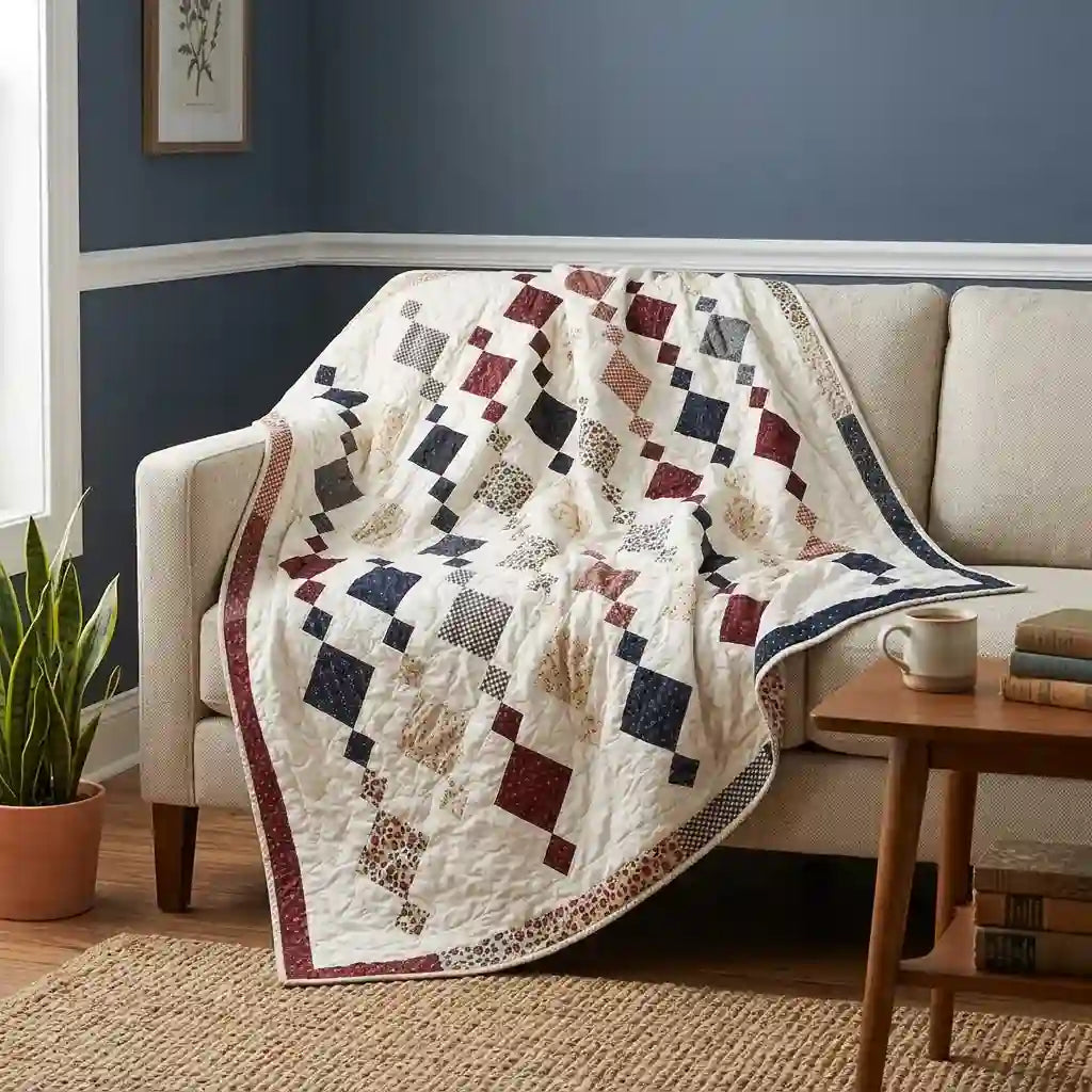 Woven Freedom lap quilt shown draped over the corner of a neutral couch