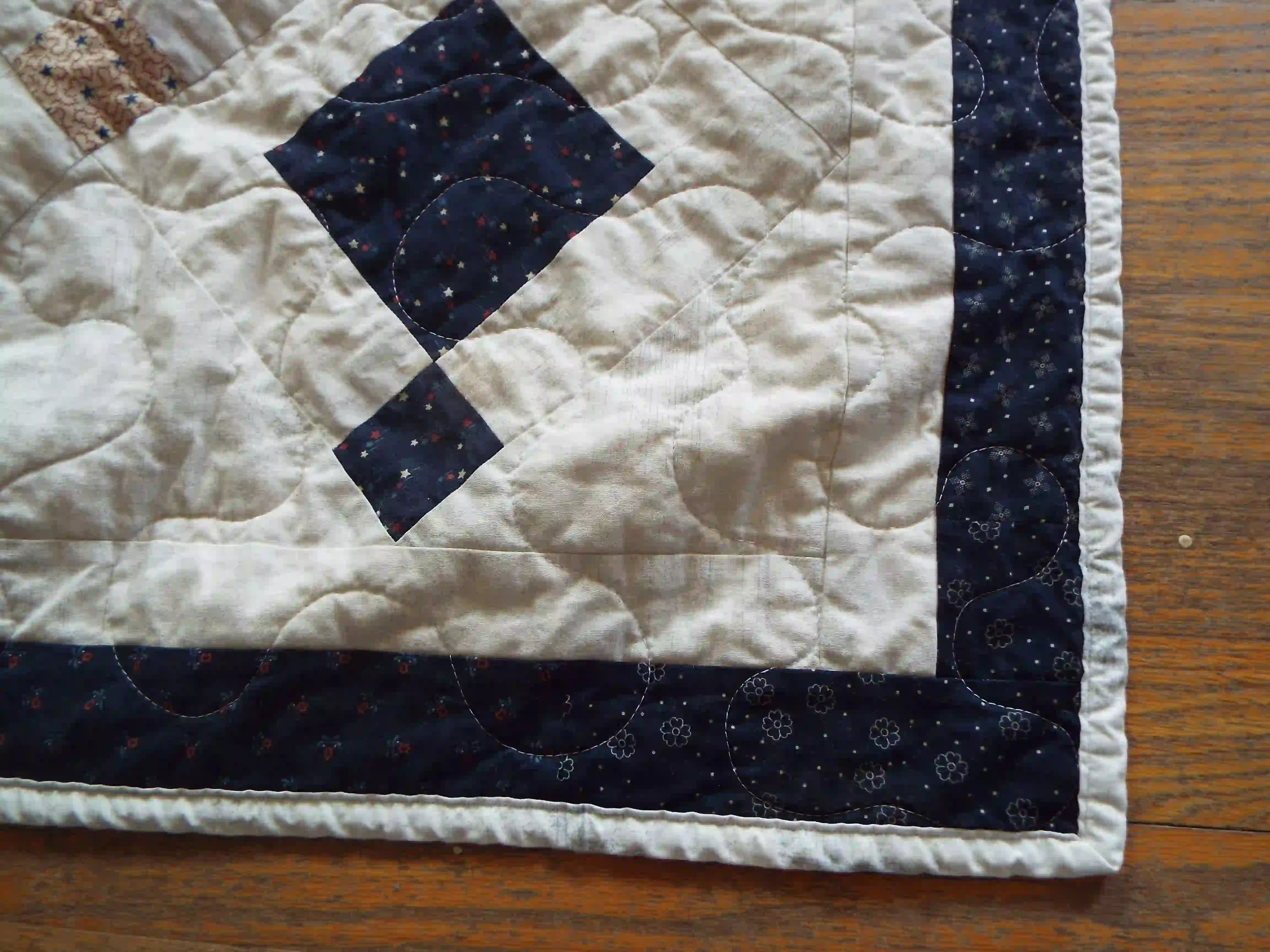 Woven Freedom lap quilt close up showing stitching and binding