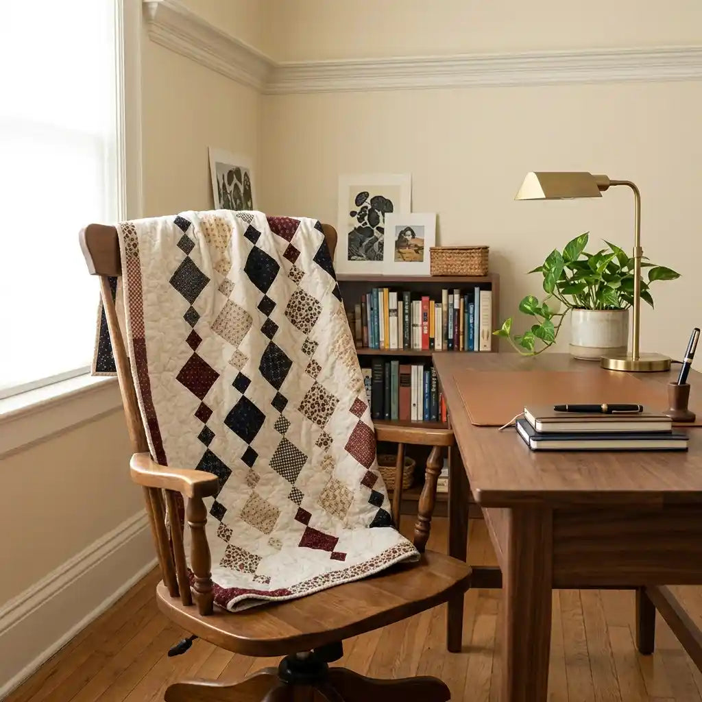 Woven Freedom lap quilt shown draped over the back of a home office chair