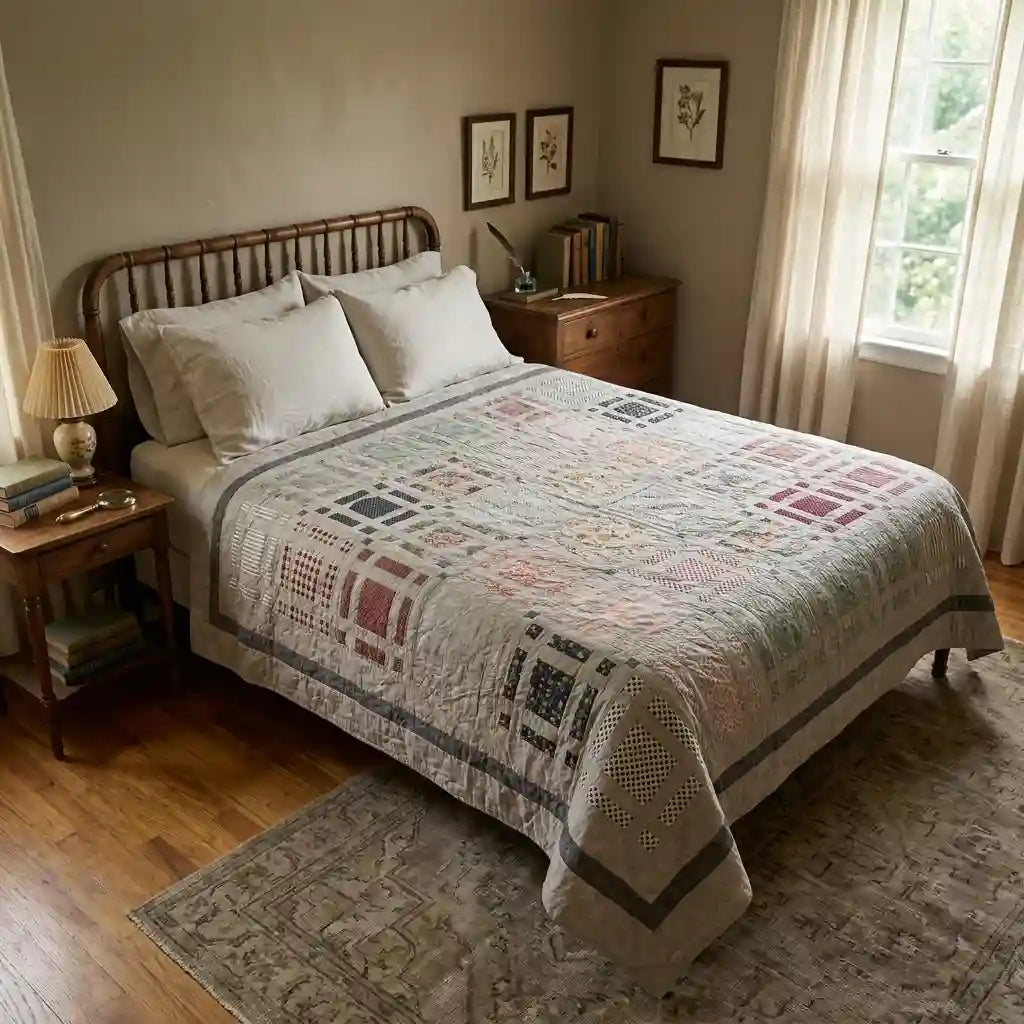 Woven Stillness queen quilt in a light academia inspired bedroom