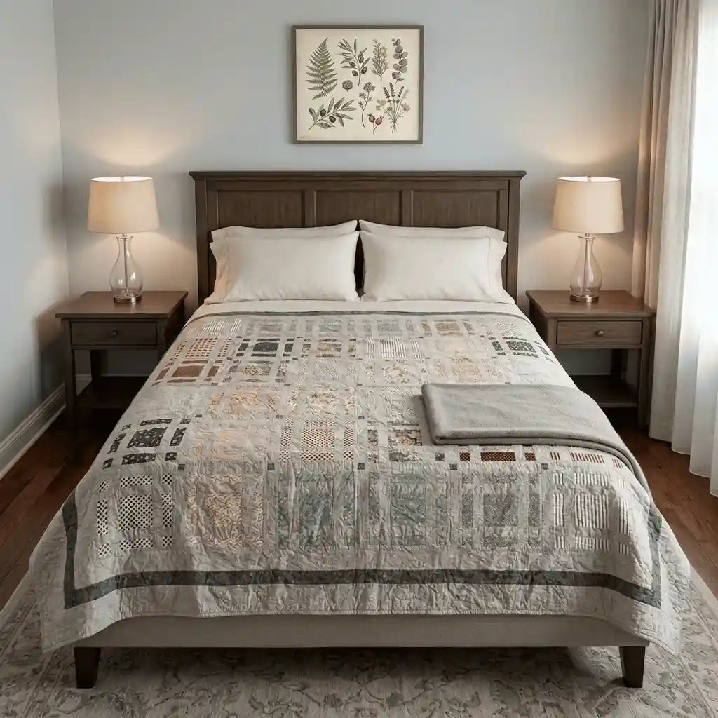 Woven Stillness queen quilt in a neutral bedroom with dark wood furniture.